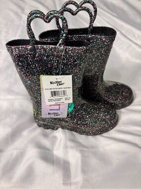 Western Chief Black Multi Glitter Light Up Rain Boots with Heart Handles